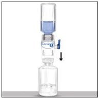 6. To connect the diluent vial to the RECOMBINATE vial, turn the diluent vial over and place it on top of the vial containing RECOMBINATE concentrate. Fully insert the white plastic spike into the RECOMBINATE vial’s stopper by pushing straight down. Diluent will flow into the RECOMBINATE vial. This should be done right away to keep the liquid free of germs.