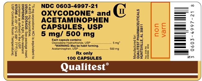 This is an image of the label for Oxycodone and Acetaminophen Capsules, USP 5 mg/500 mg.