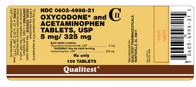 This is an image of the label for Oxycodone and Acetaminophen Tablets, USP 5 mg/325 mg. 