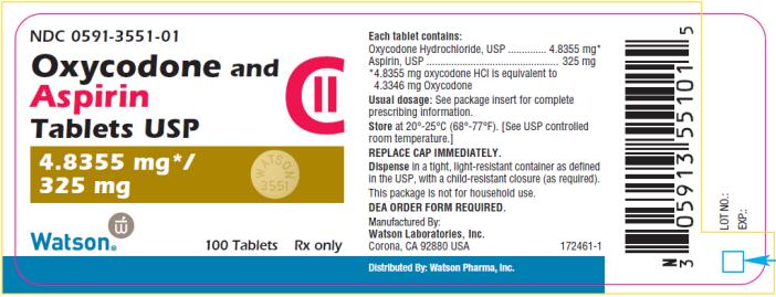 PRINCIPAL DISPLAY PANEL NDC 0591-3551-01 Oxycodone and Aspirin Tablets USP 4.8355 mg*/325 mg Watson® 100 Tablets Rx only