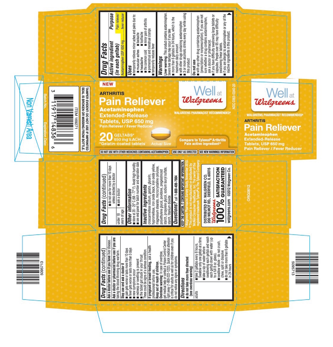 This is the 20 count blister carton label for Walgreens Acetaminophen extended-release tablets, USP 650 mg (geltabs).