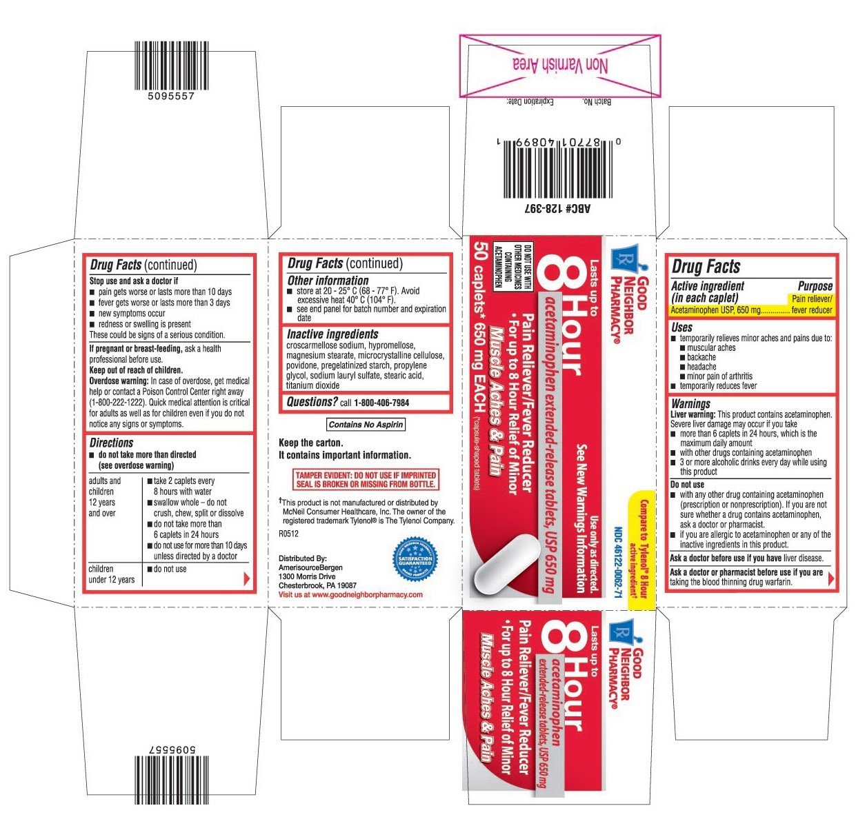 This is the 50 count bottle carton label for GNP Acetaminophen extended-release tablets, USP 650 mg.