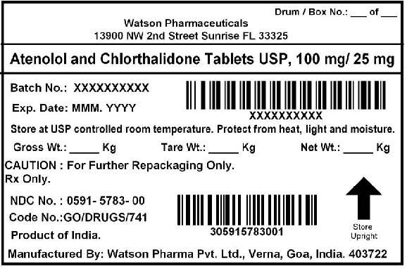 Antenolol and Chlorthalidone Tablets USP, 100 mg/ 25 mg
NDC: 0591-5783-00
CAUTION: For Further Repackaging Only.
Rx Only.
Manufactured By: Watson Pharma Pvt. Ltd., Verna, Goa, India. 403722
