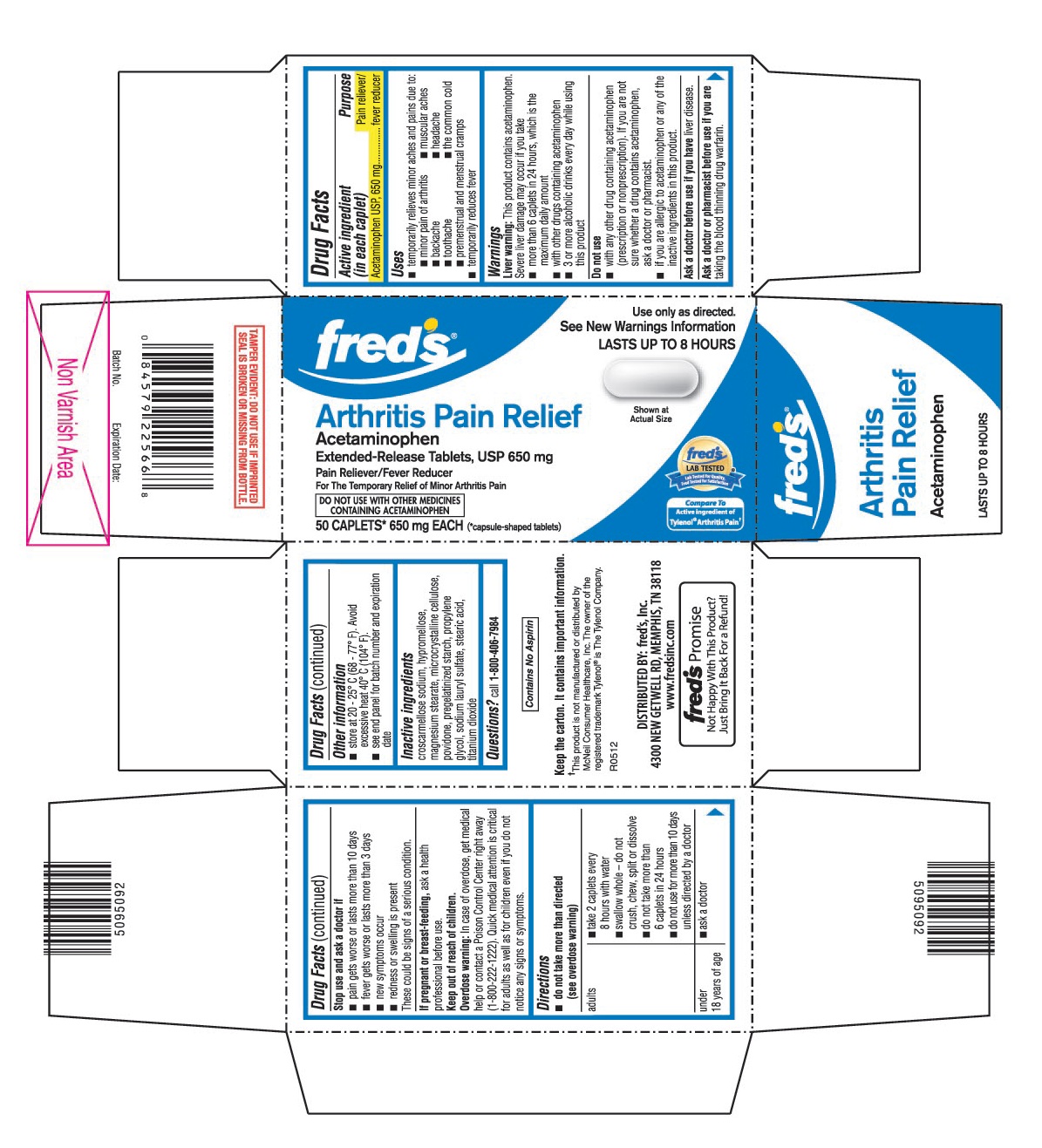 This is the 50 count bottle carton label for Fred's Acetaminophen extended-release tablets, USP 650 mg.